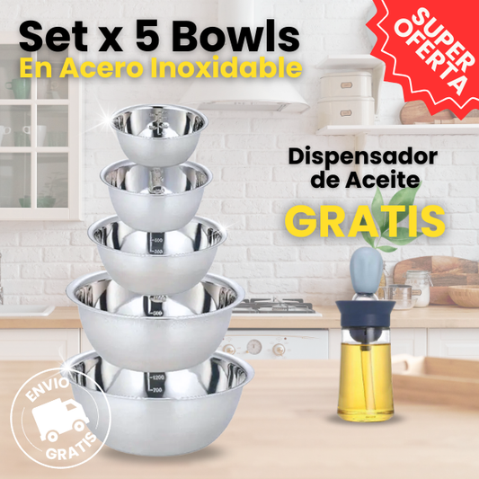 Bowls x 5 + Dispensador de aceite